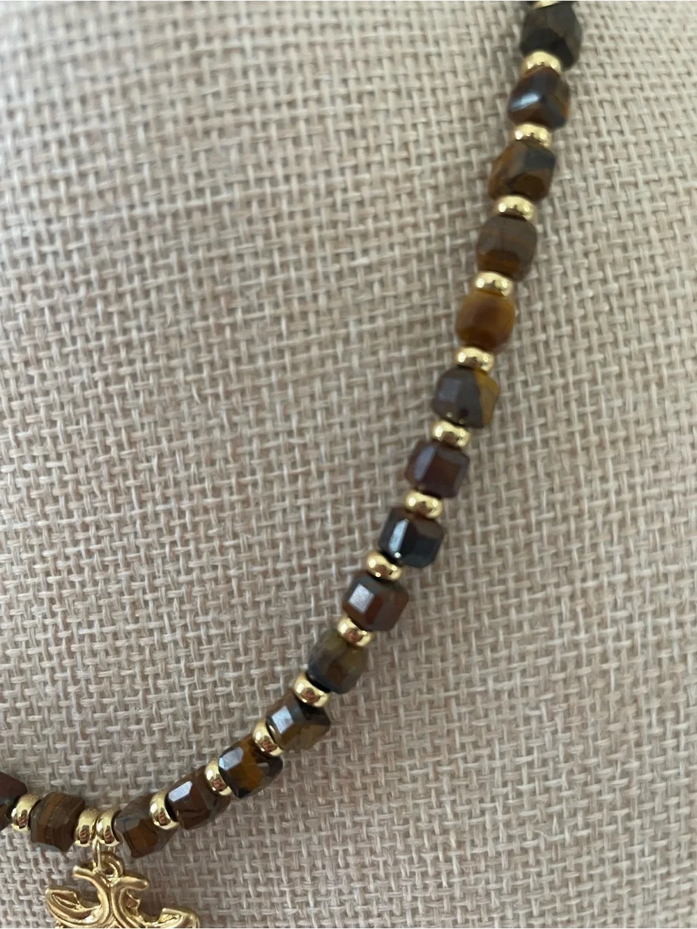 Tory Burch Brown Tiger Eye Beaded Necklace with Gold Cross Pendant